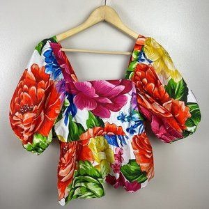 FARM Rio Pink and Red Puff Sleeve Peplum Blouse